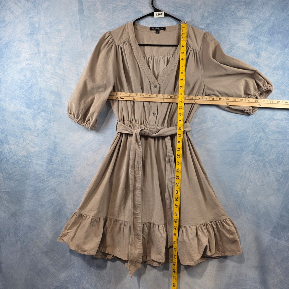 Velvet Heart Tan Corduroy Puff Sleeve Mini Dress V-Neck Ruffle Hem Small - Picture 5 of 8